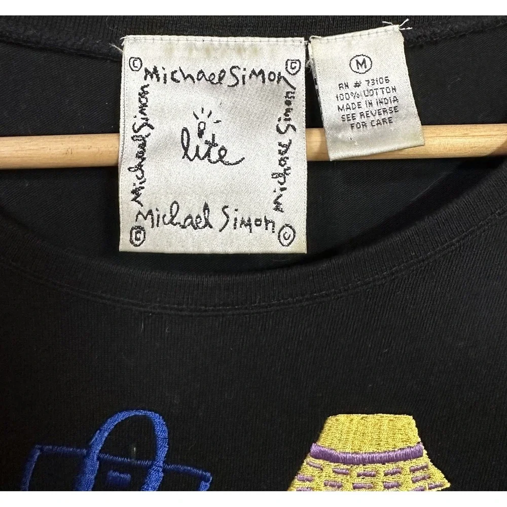 Michael Simon Lite Black Short Sleeve‎ Midi Dress Embroidered Vtg 90's Women's M